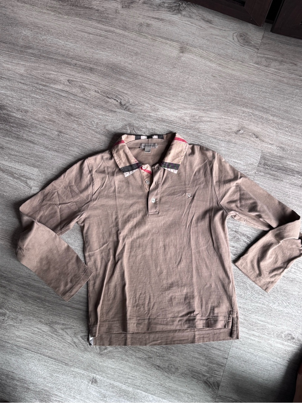 Burberry Kids Long Sleeve Polo in Taupe with Plaid Collar